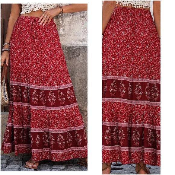 Boho Floral Print Stretchy Waist Maxi Skirt - Picture 4 of 4